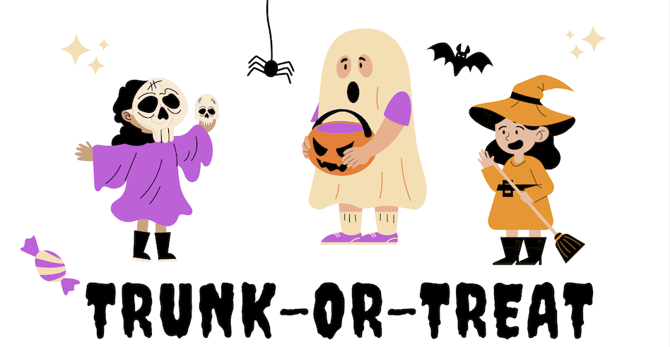 Image with children in costumes of a skeleton, ghost and witch. Text reads Trunk or Treat.